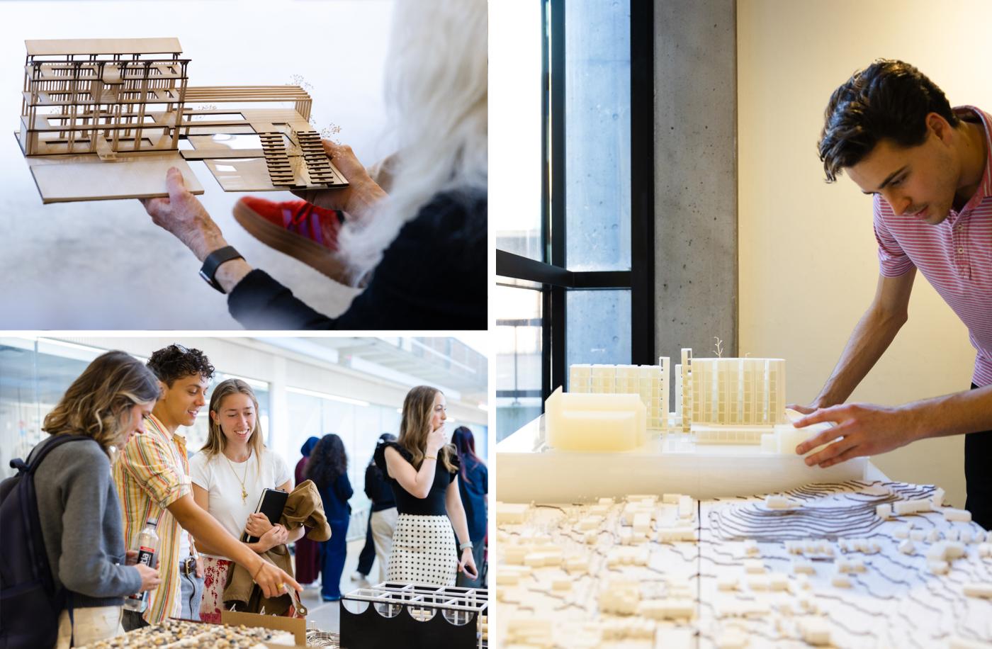 Three images: one of professor holding an architectural model, one of a student working on a model and one of students together talking about a model