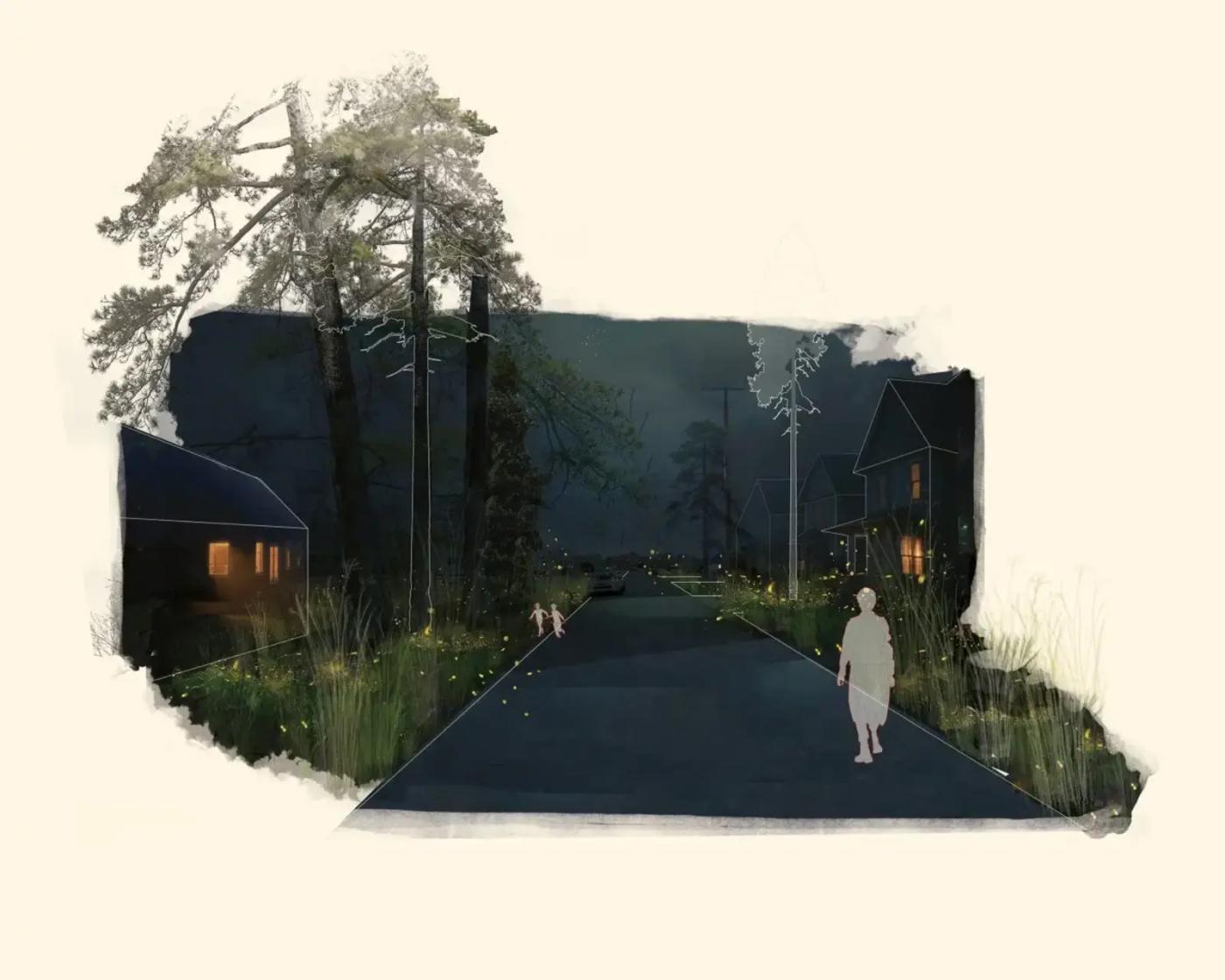 Perspective drawing of residential night scene.