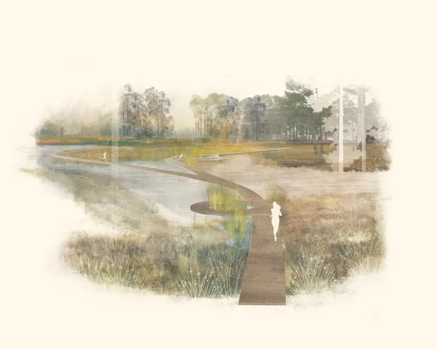 Drawing of a marshy park bisected by a boardwalk.