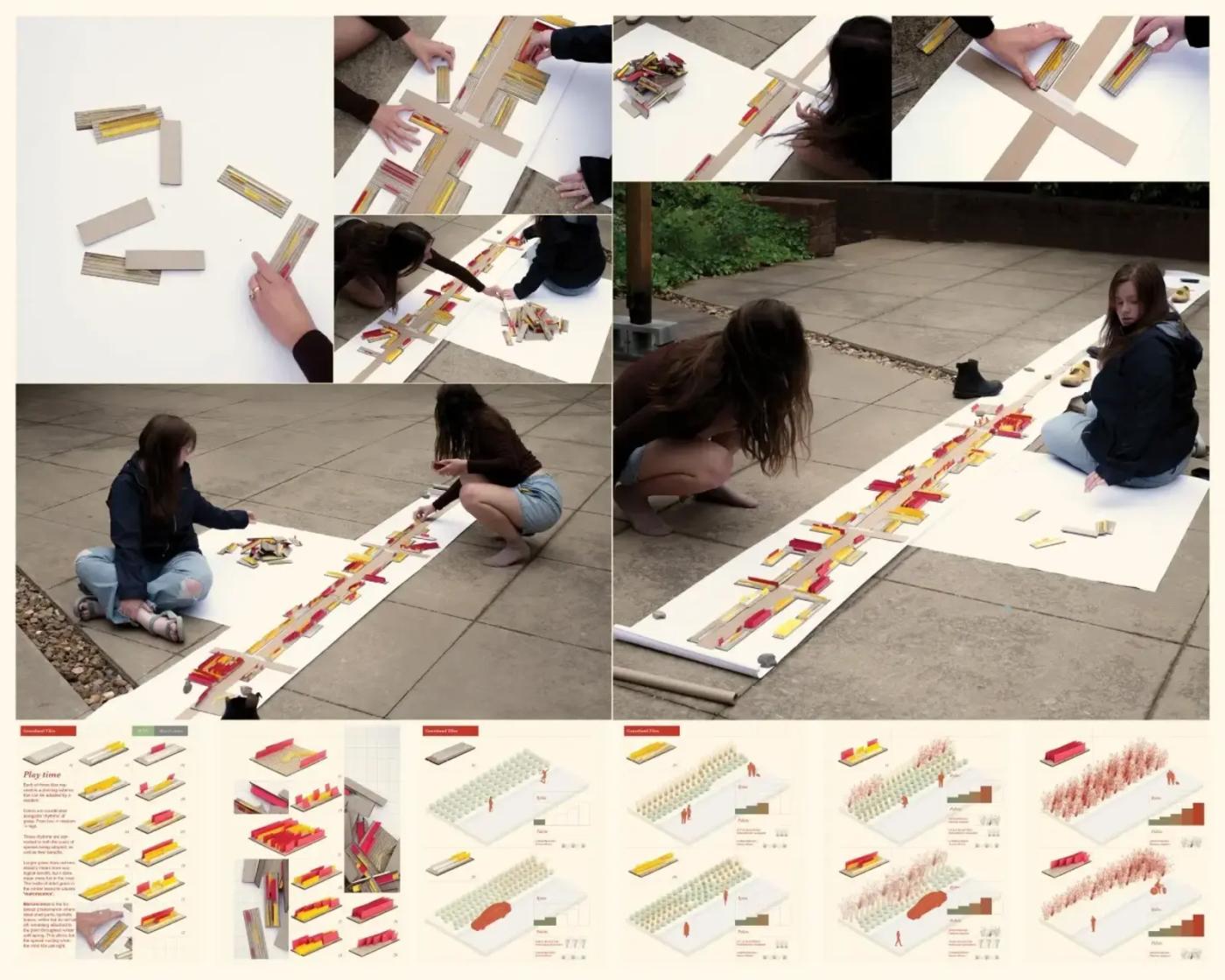 Composite of photos and drawings of a process design model being activated by team members.