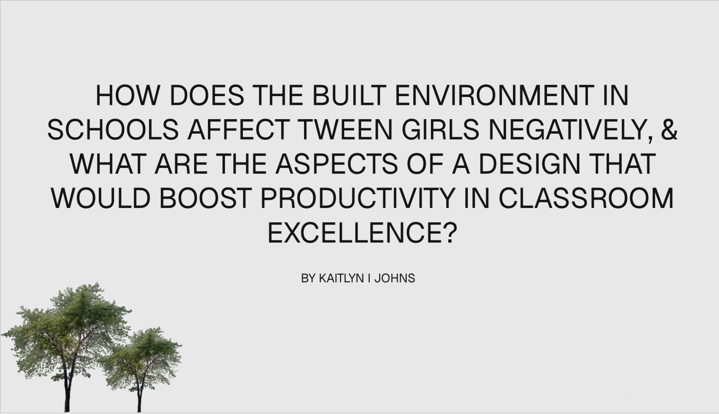 Research slide with a central question about how the built environment affects learning in tween girls, with an image of two trees.