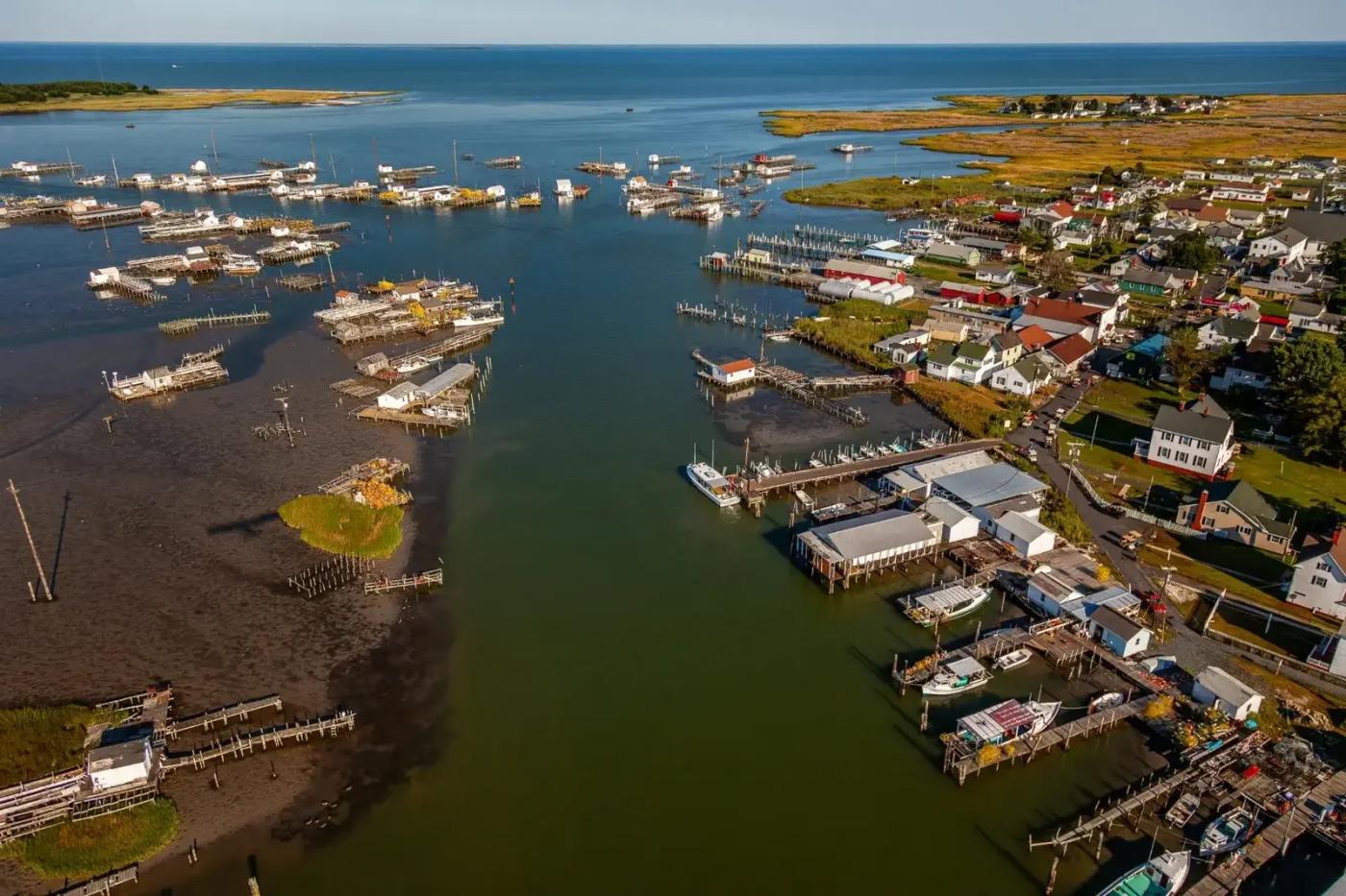 Aerial photo of Tangier Island's Mailboat Harbor looking southeast.