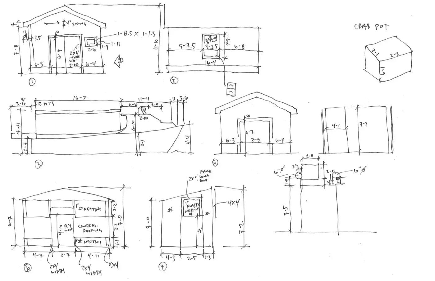 Series of elevation drawings of crab shanties on Tangier Island. 
