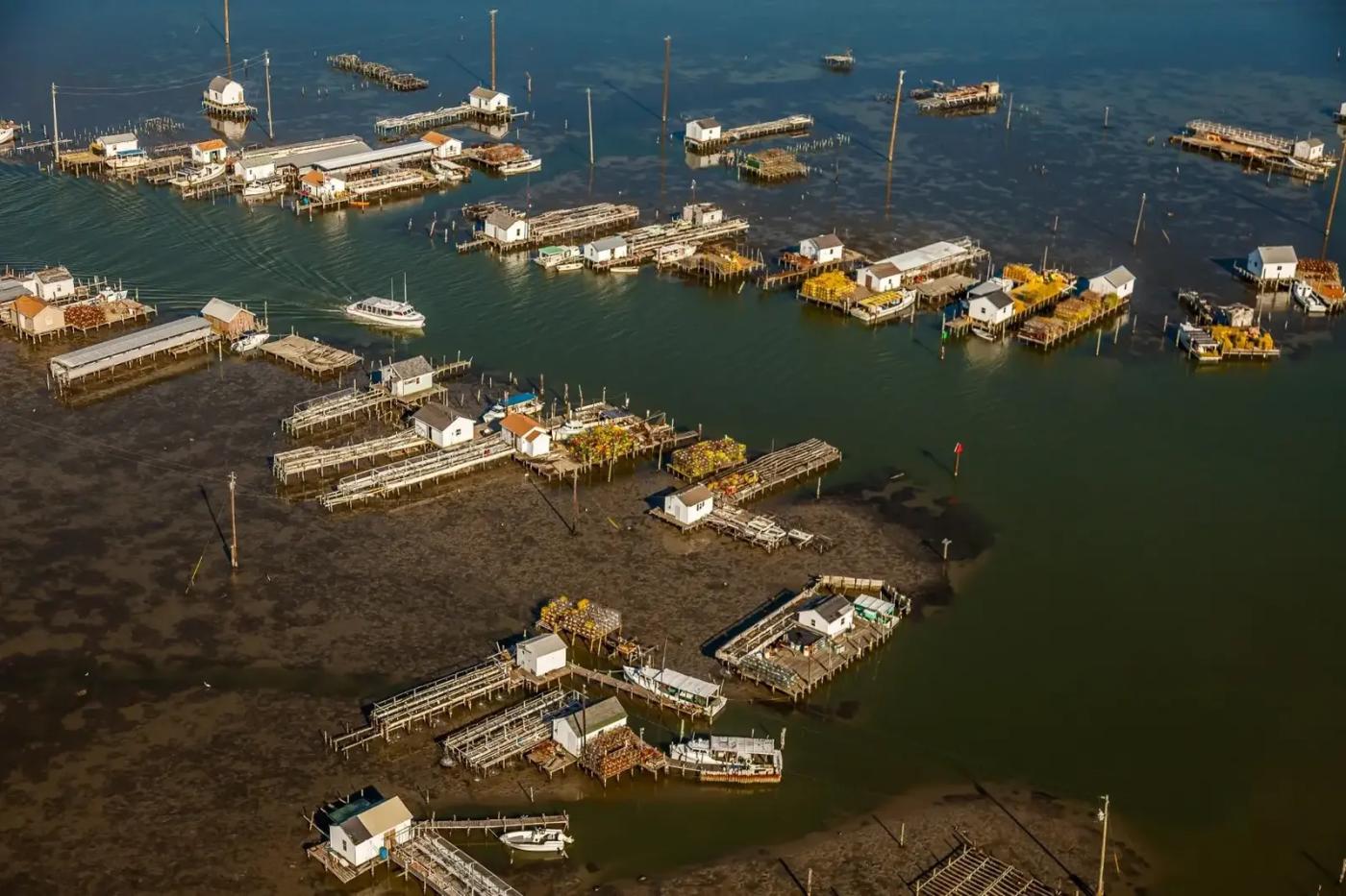 Aerial photo of the crab houses of Tangier, Virginia.