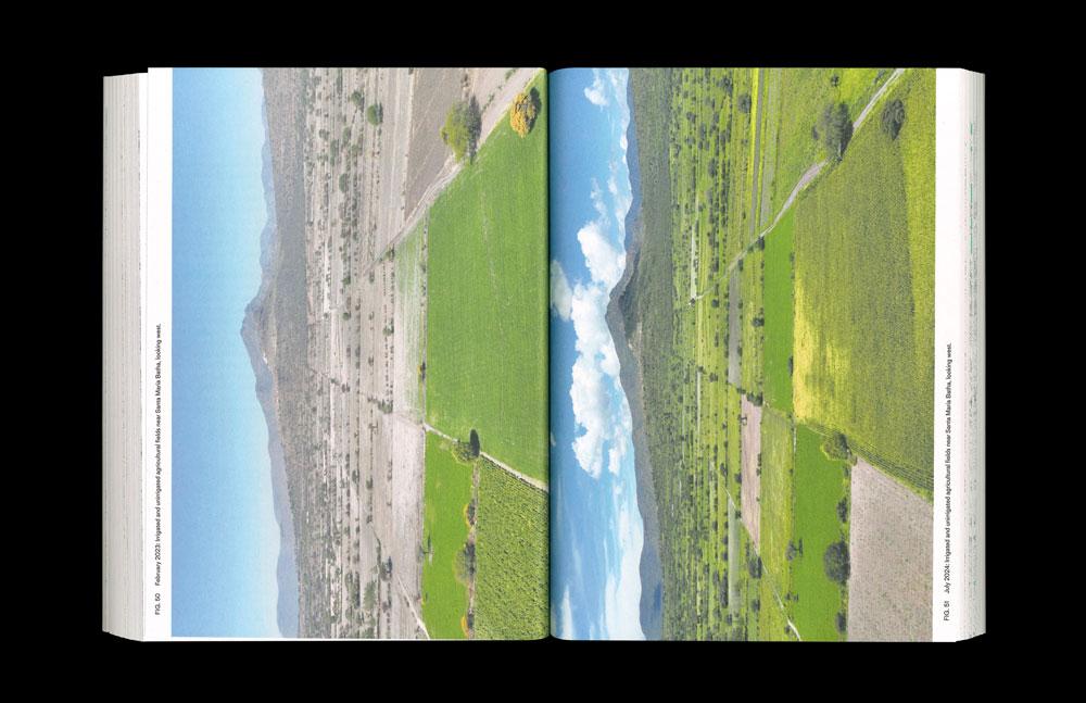 Open spread of the book, Thinking Through Soil, with landscape images featuring large green fields.