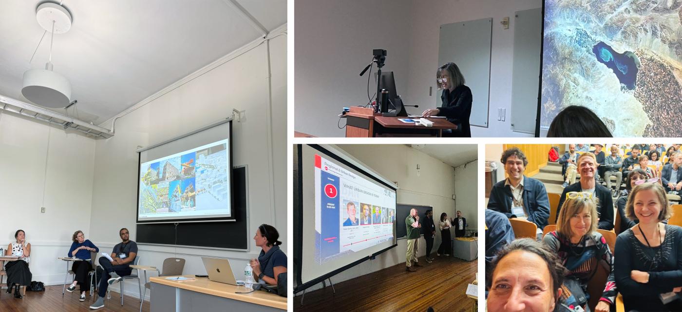Four images from the ACSA Conference showing faculty presenting and in the audience at panel sessions