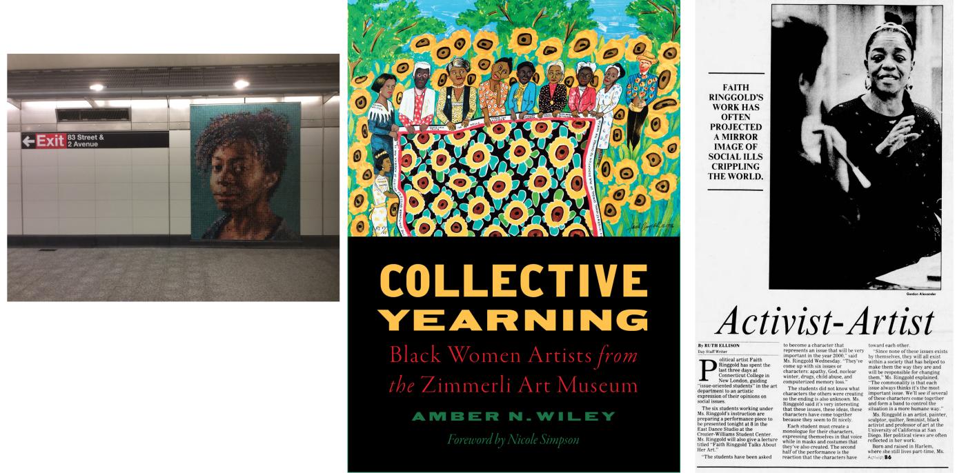 Collection of images including Chuck Close's subway portrait of Kara Walker, Book cover of Collective Yearning, and newspaper article featuring Faith Ringgold
