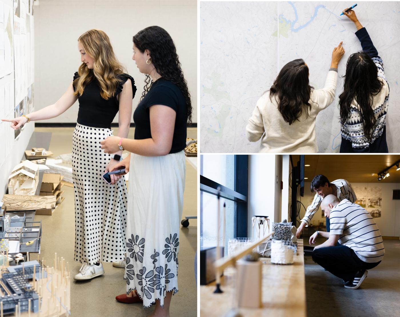 Three images of students showing each other their work or working on drawings together