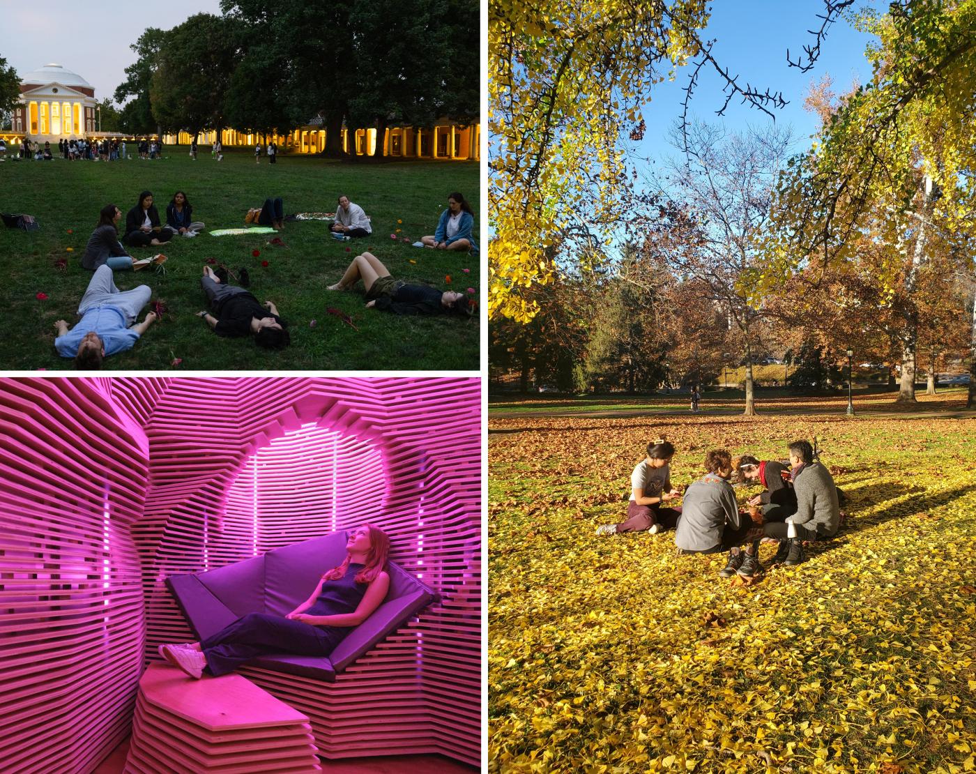 Three images, two of students convening together outside on the Lawn and one of a student resting in a lit enclosure